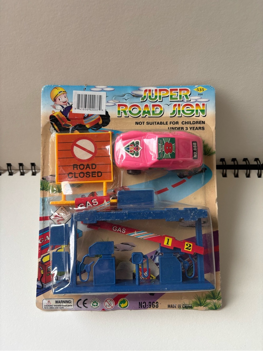 Vintage Kids Toy Playset - Pink Car with Blue Gas Station in original packaging